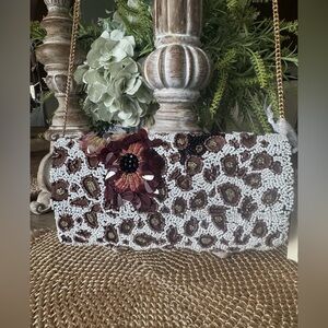 NWT Beaded Floral Leopard Print Crossbody or Clutch Bag in White and Brown